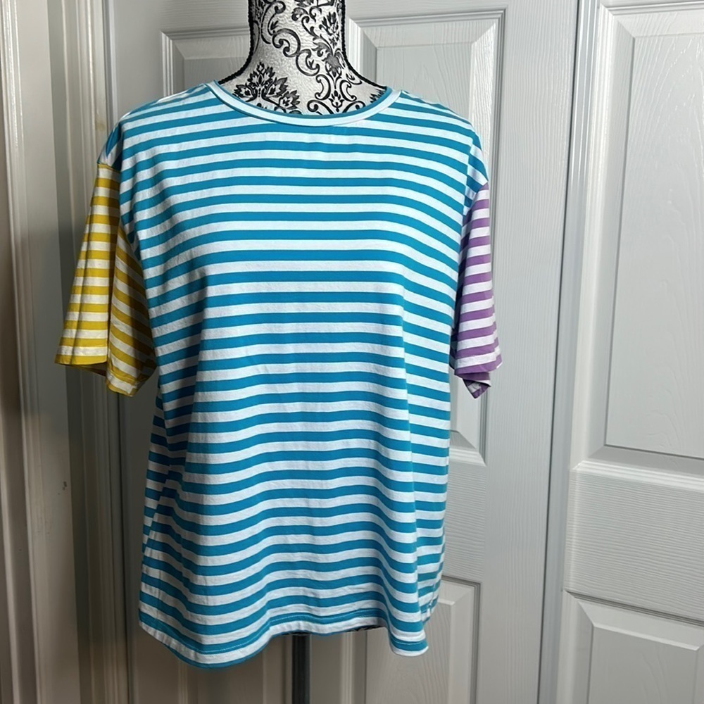 Shein Blue Yellow Purple Striped Short Sleeve T Shirt‎ L